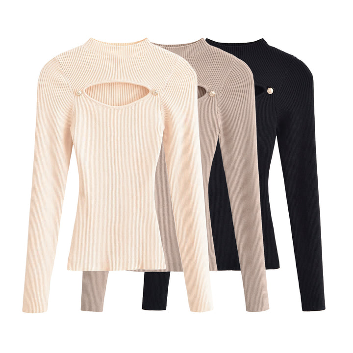 Women's Ribbed Stretch Fine Knit Sweater with Chest Cut-Out and Decorative Buttons Mune Fashion