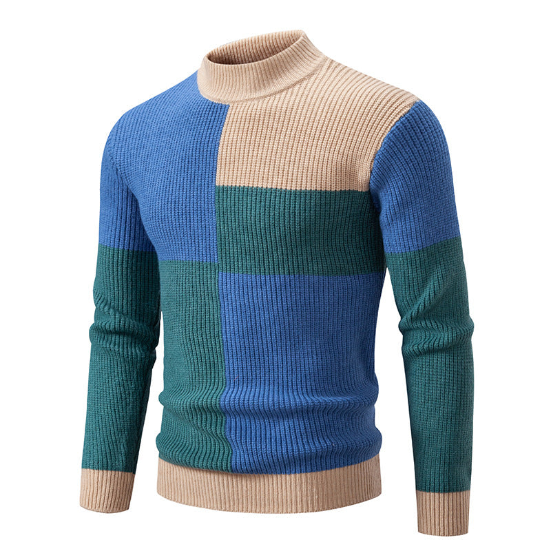 Men's chunky knit sweater with stand-up collar and contrasting block stripe pattern Mune Fashion