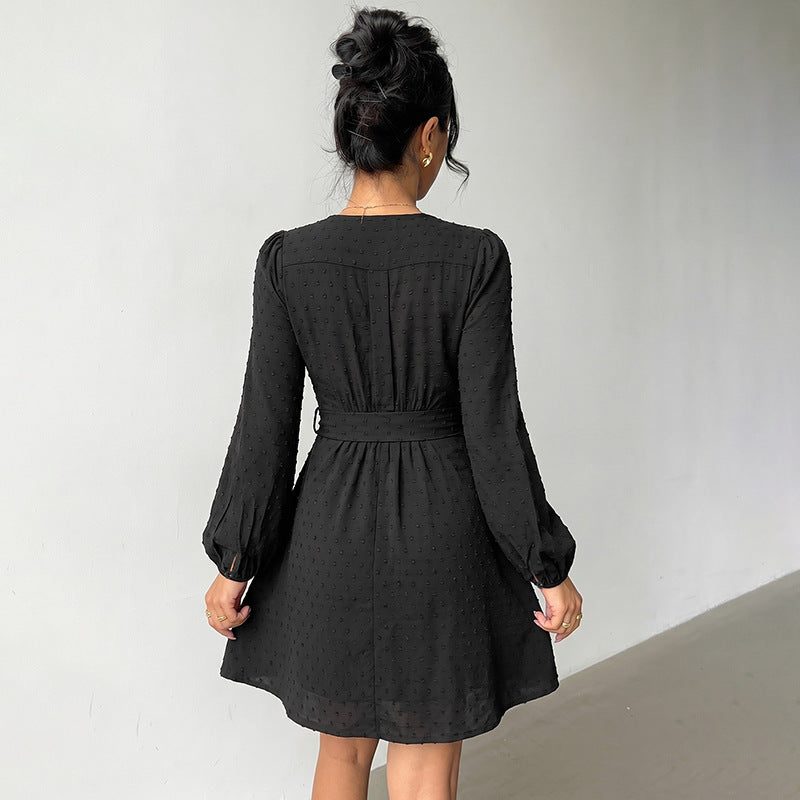 Women's Wrap Mini Dress with V-Neck, Polka Dot Effect, Gathered Waist and Long Sleeves Mune Fashion