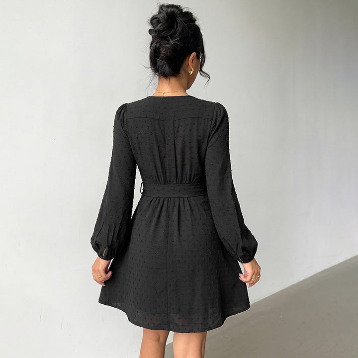 Women's Wrap Mini Dress with V-Neck, Polka Dot Effect, Gathered Waist and Long Sleeves Mune Fashion