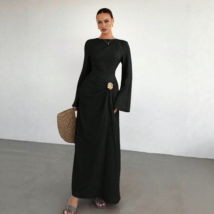 Ladies max dress with draping, decorative brooch and wide trumpet sleeves Mune Fashion