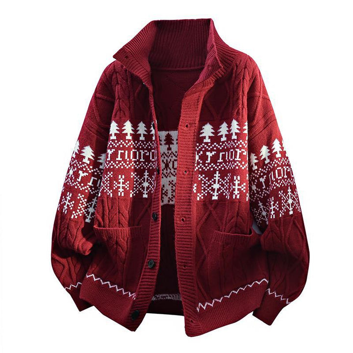 Women's knitted Norwegian cardigan with stand-up collar, cable pattern, and patch pockets Mune Fashion
