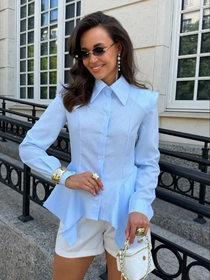 Women Tailored Shirt Blouse with Asymmetrical Peplum & Pointed Shirt Collar Mune Fashion