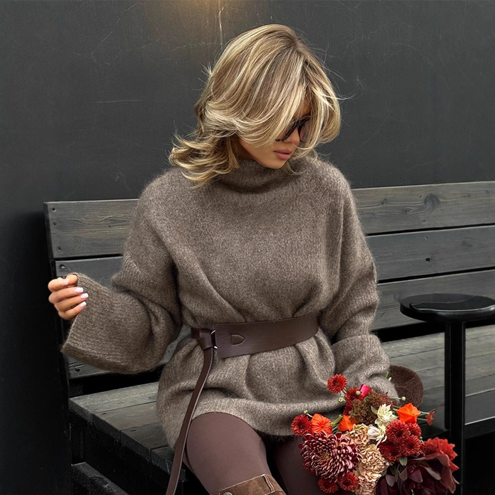 Women Oversize Mohair-Mix Roll-neck Sweater Dress with Balloon Sleeves and Waist Belt Mune Fashion