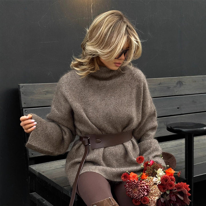 Women Oversize Mohair-Mix Roll-neck Sweater Dress with Balloon Sleeves and Waist Belt Mune Fashion