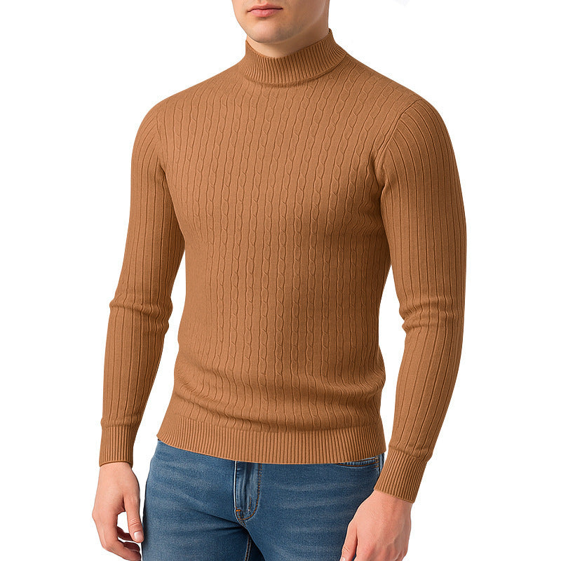 Men's body-hugging fine knit pullover with high collar and cable pattern Mune Fashion