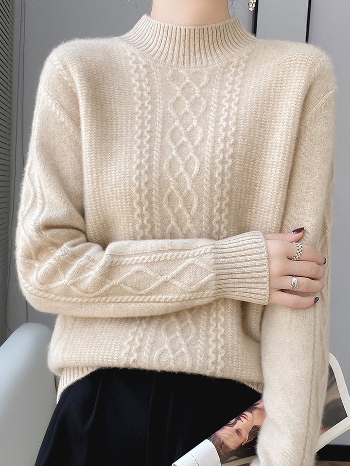 Women's Soft Cable Knit Mock Neck Sweater with Light Mohair Effect Mune Fashion