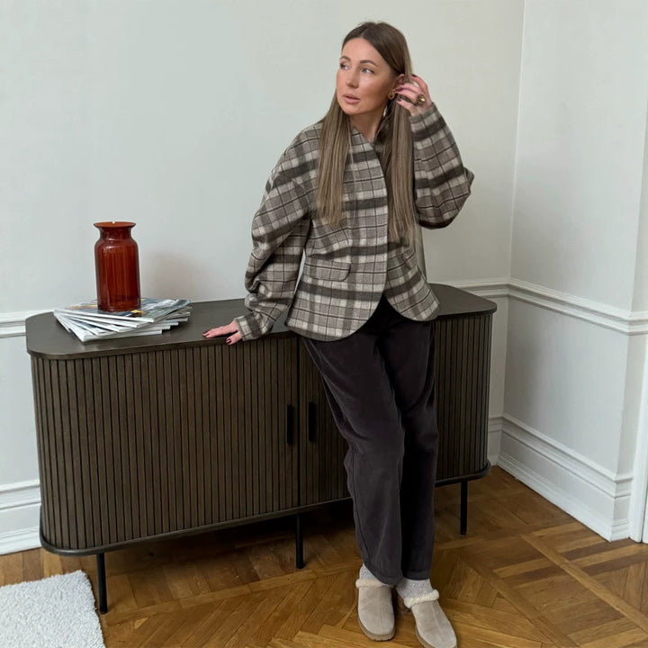 Women's Checked Boxy Blazer with Voluminous Balloon Sleeves Mune Fashion