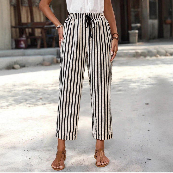 Women's Lightweight High-Waisted Striped Pants with Elastic Waistband, Drawstring, and Side Pockets