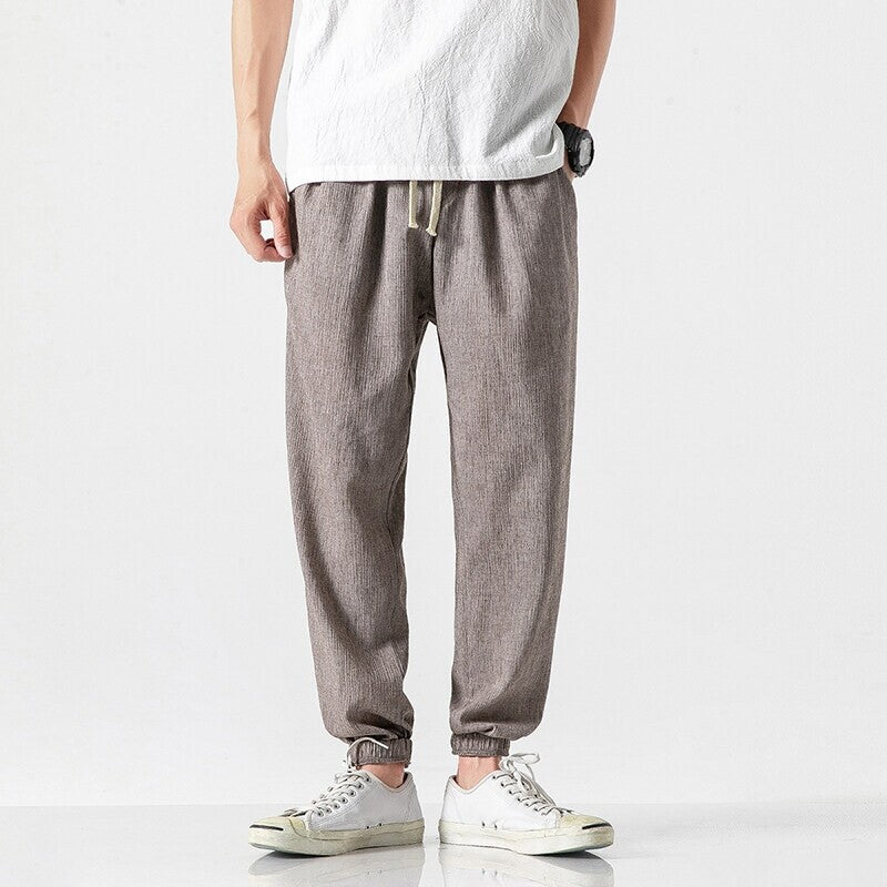 Men's Casual Linen Blend Jogging Pants with Drawstring, Ribbed Textured Fabric and Elastic Cuffs Mune Fashion