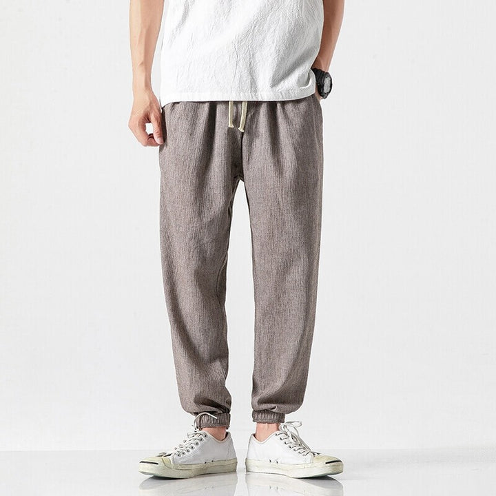 Men's Casual Linen Blend Jogging Pants with Drawstring, Ribbed Textured Fabric and Elastic Cuffs Mune Fashion