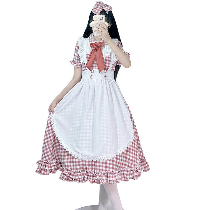 Women's Nano Vintage-Inspired Lolita Dress with Checkered Pattern Ruffles and Removable Apron Mune Fashion