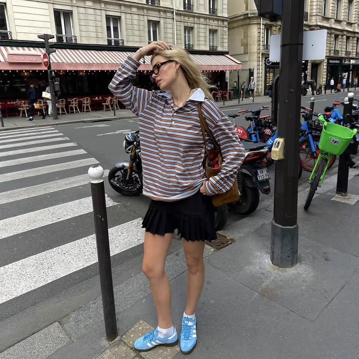 Women's Striped Oversized Rugby Shirt with Contrasting Shirt Collar and Button Placket Mune Fashion
