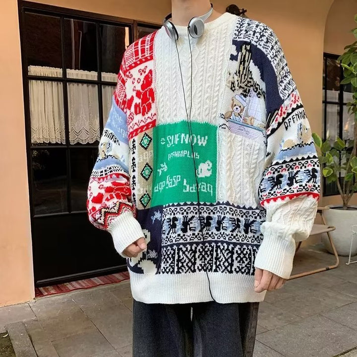 Men's Cozy Chunky Knit Sweater with Colorful Patchwork Mune Fashion