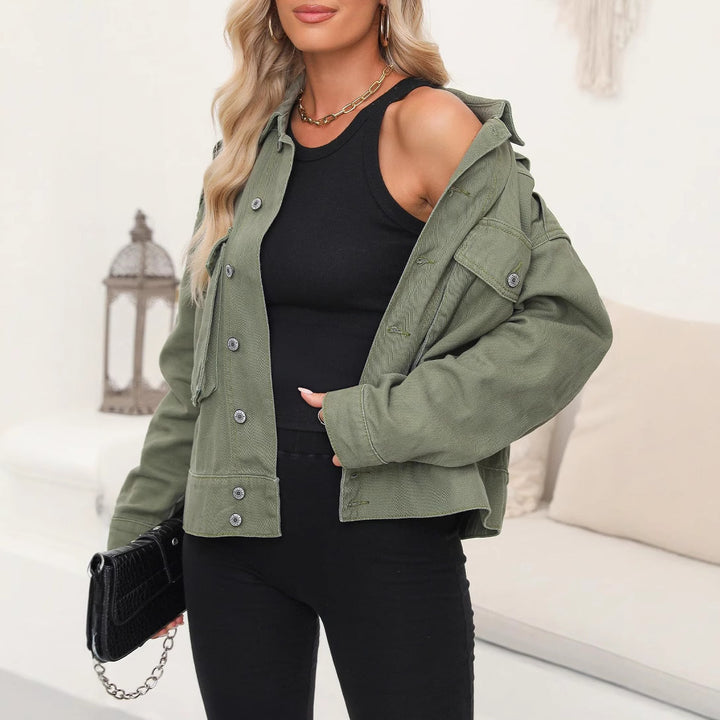 Women's oversized denim jacket with patch breast pockets and roll-up sleeves Mune Fashion