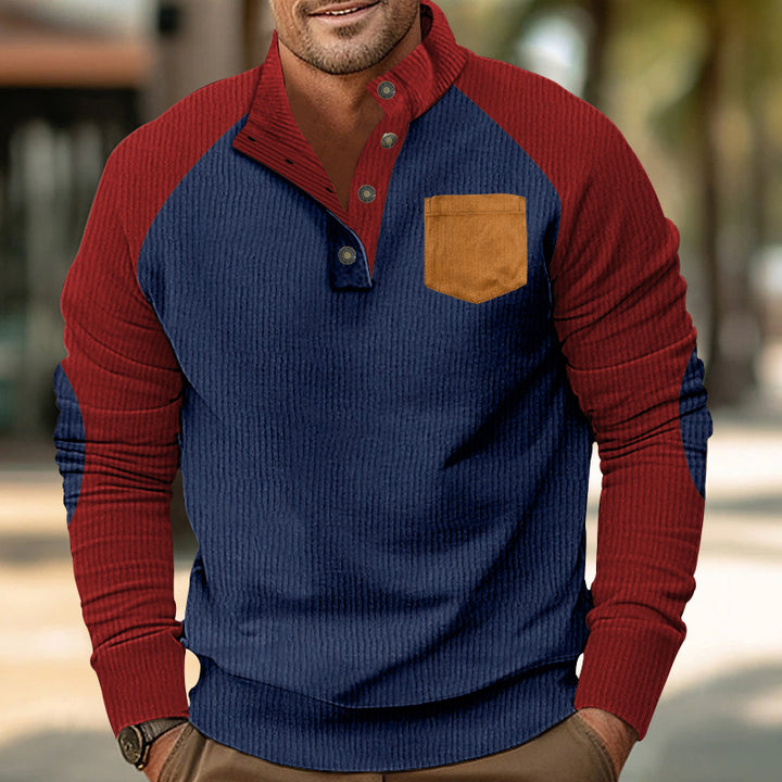 Men's ribbed waffle henley long sleeve shirt with stand-up collar snap button placket contrasting sleeves and chest pocket Mune Fashion