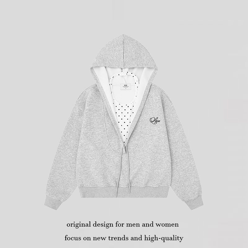 Women's Layered Hooded Jacket with Integrated Polka Dot Inner Layer and Drawstring Hood