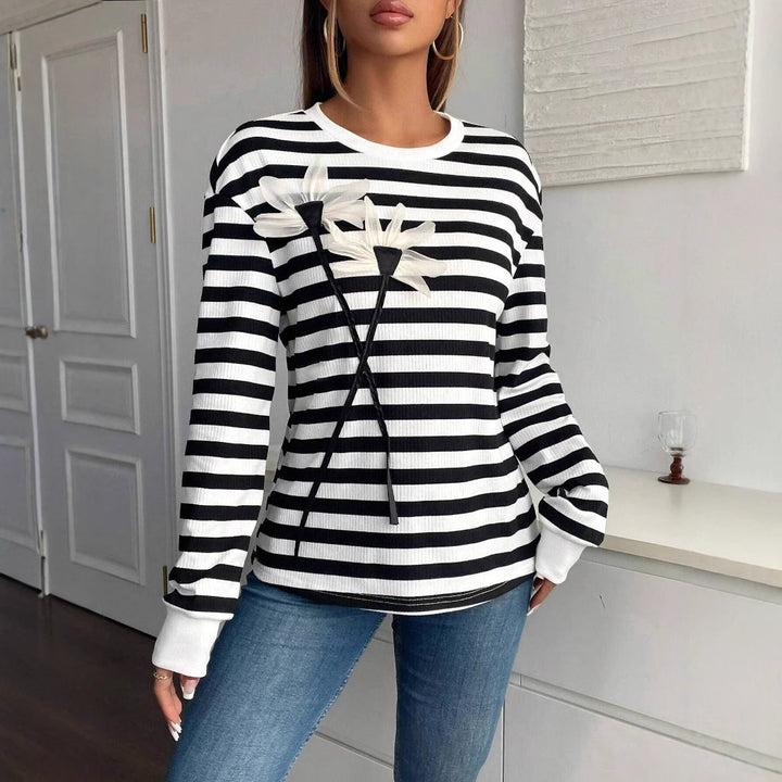 Women's striped rib long-sleeve shirt with three-dimensional flower appliqué and round neck Mune Fashion