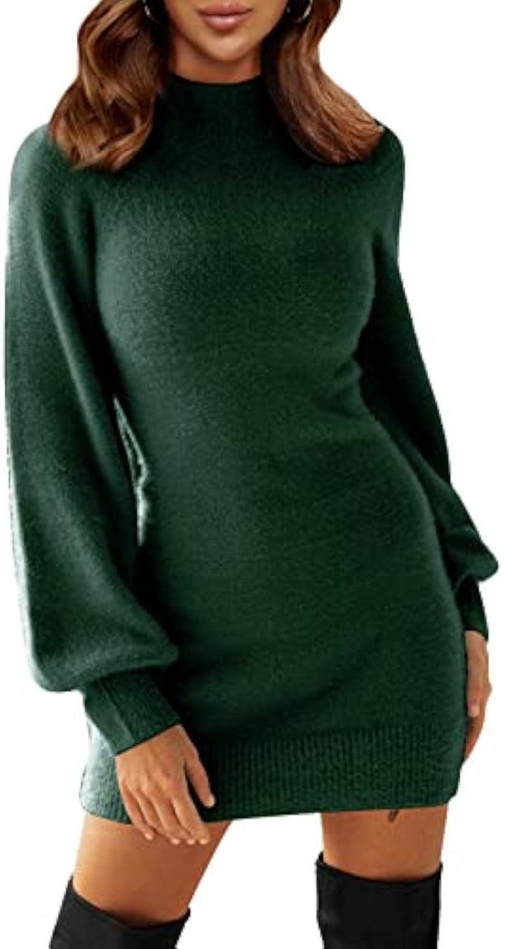 Women's Tailored Teddy Knit Mini Dress with Stand Collar and Balloon Sleeves Drune