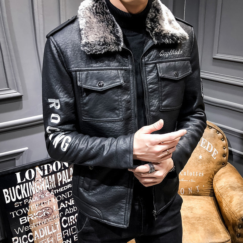 Men's biker leather jacket with faux fur collar and military badges Mune Fashion