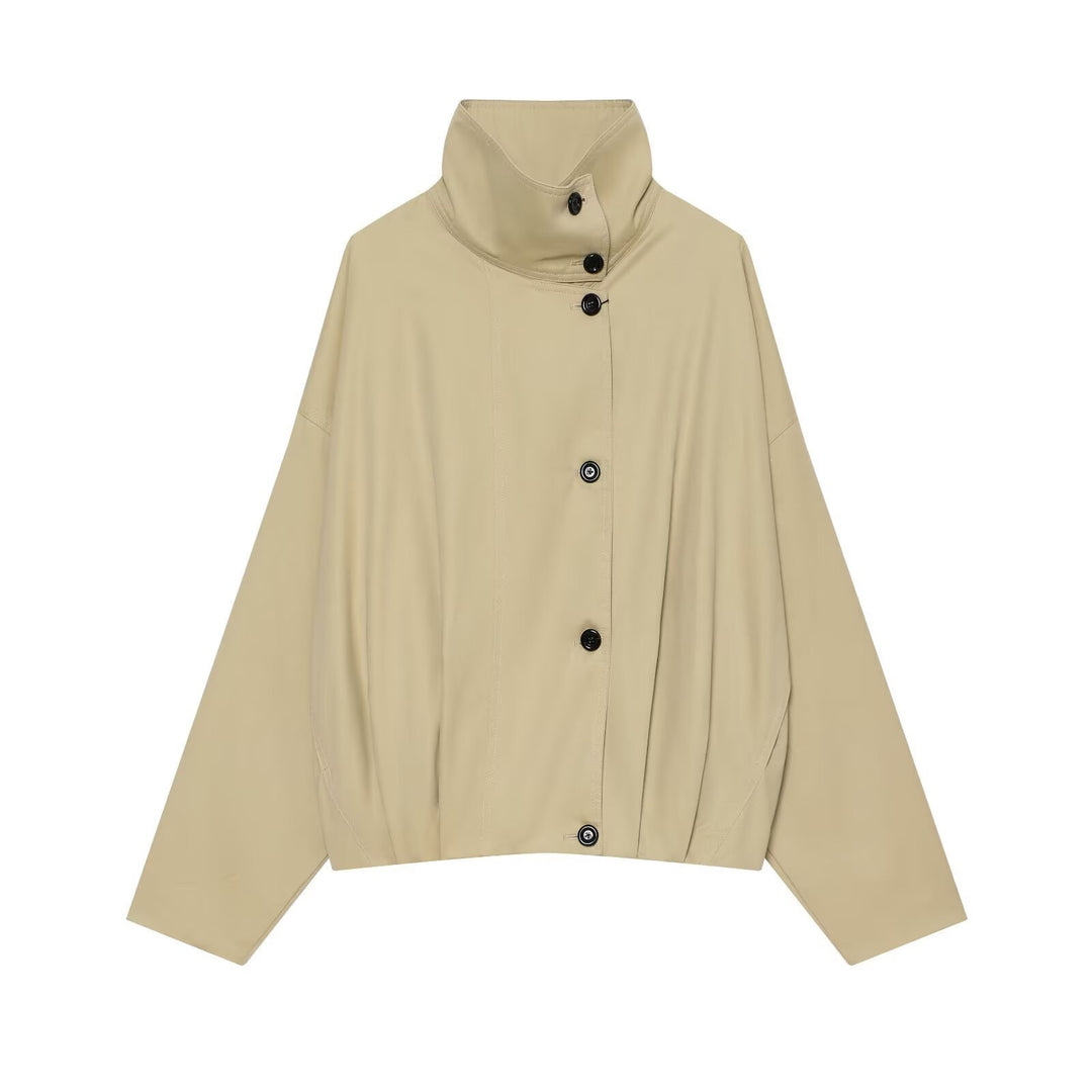 Women's Short Water-Repellent Cape Jacket with High Stand-Up Collar and Concealed Button Placket Mune Fashion