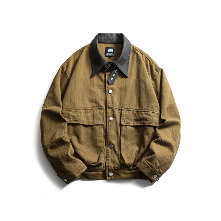 Men's Boxy Worker Canvas Jacket with Cord Collar, Snap Placket and Placed Flap Pockets Mune Fashion