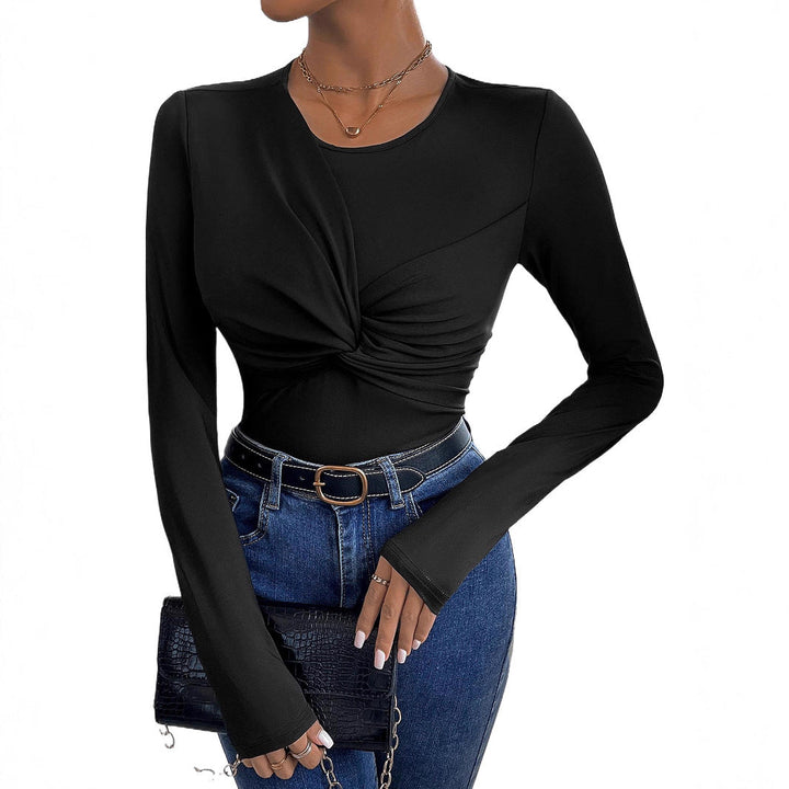 Women Figure-Hugging Long Sleeve Shirt with Twist Detail and Round Neckline Mune Fashion