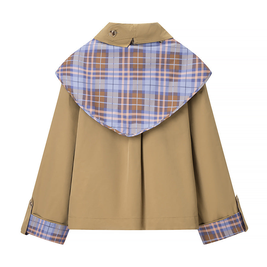 Women's short jacket in trench-cape mix with checked shawl collar bow Mune Fashion