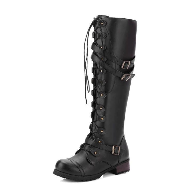 Women's knee-high lace-up boots with adjustable decorative buckles and robust tread sole Mune Fashion