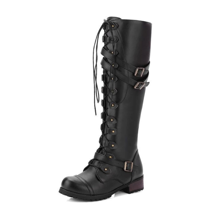 Women's knee-high lace-up boots with adjustable decorative buckles and robust tread sole Mune Fashion