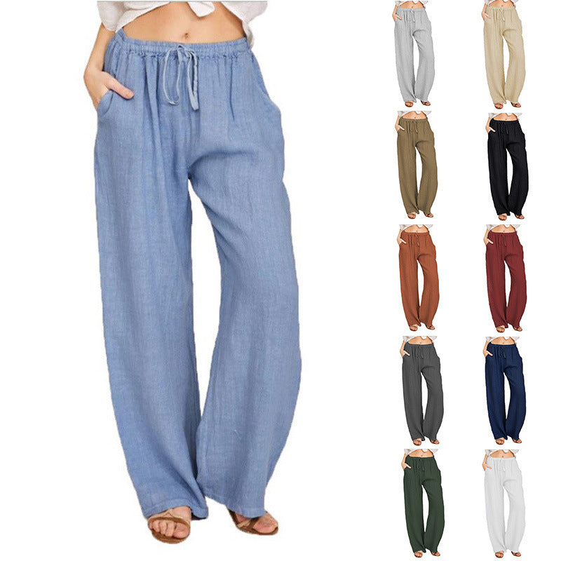Women's Summer Linen Palazzo Pants with Elastic Waistband, Side Pockets and Wide Leg Mune Fashion