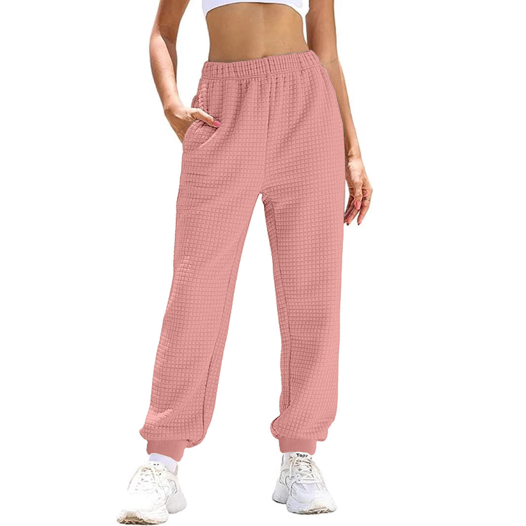 Women's Casual Waffle Knit Lounge Pants with High Elastic Waistband and Cuffs