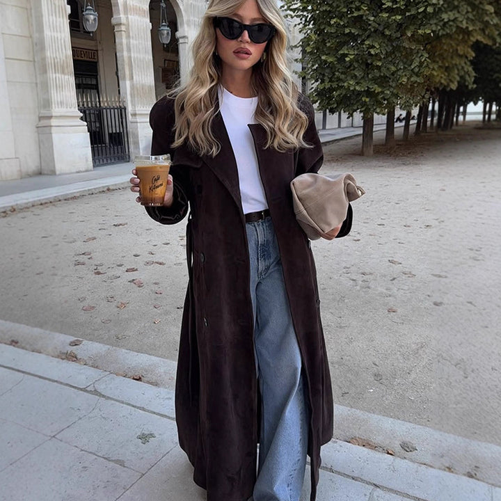 Women's Long Velvet Trench Coat with Tie Belt and Lapel Collar Mune Fashion