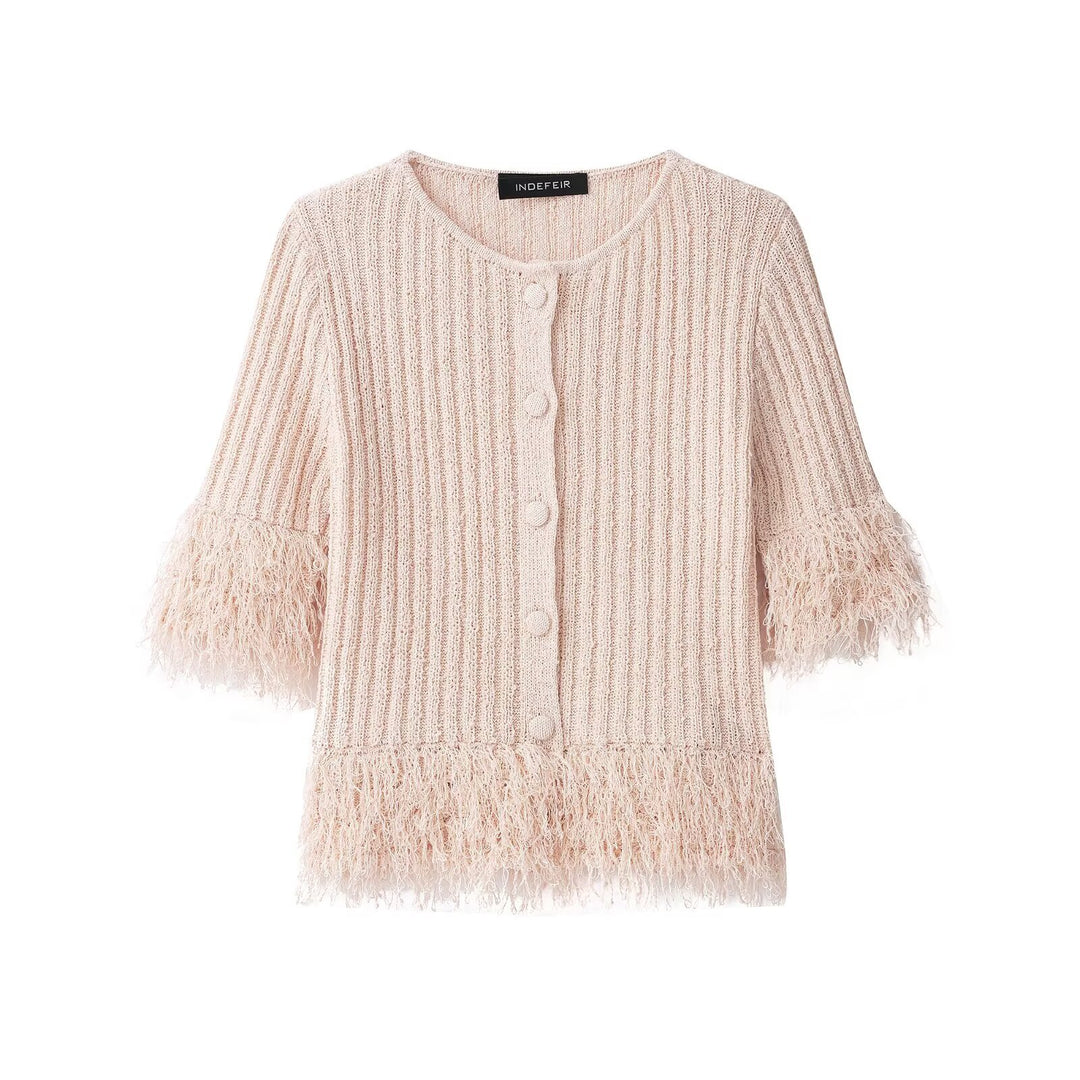 Ladies Boucle Cardigan with Fringe Sleeves and Hidden Button Placket Mune Fashion