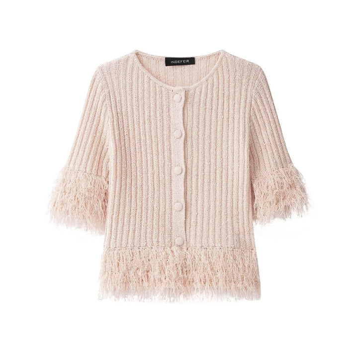 Ladies Boucle Cardigan with Fringe Sleeves and Hidden Button Placket Mune Fashion
