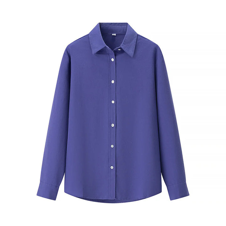Women's casual oversized boyfriend shirt with shirt collar, concealed button placket, and rounded hem Mune Fashion