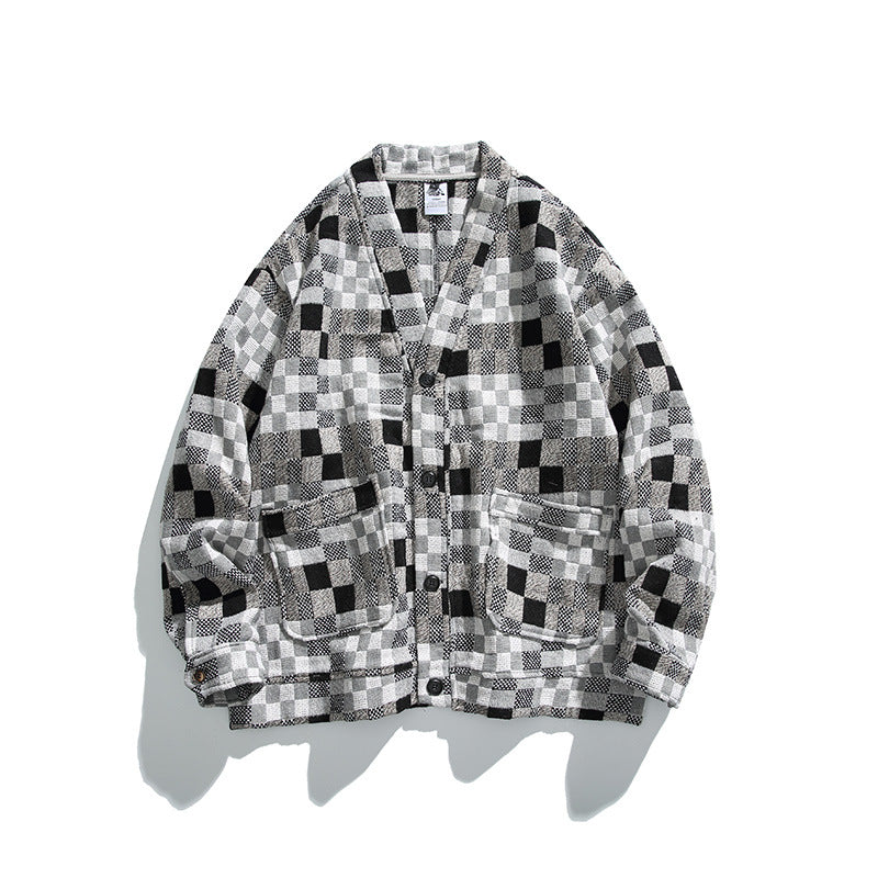 Unisex Boxy Cardigan in Patchwork Check with V-neck, snap front, and patch pockets Mune Fashion