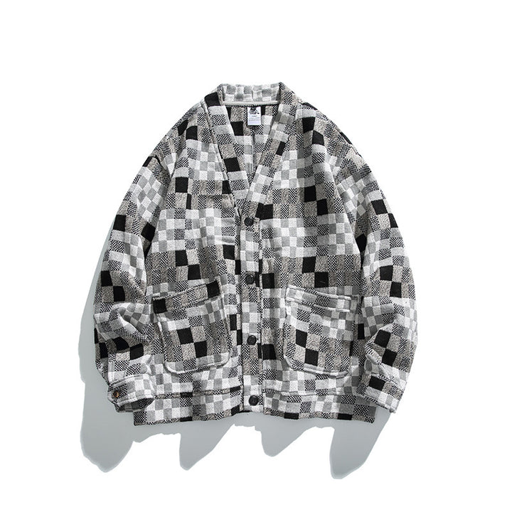 Unisex Boxy Cardigan in Patchwork Check with V-neck, snap front, and patch pockets Mune Fashion