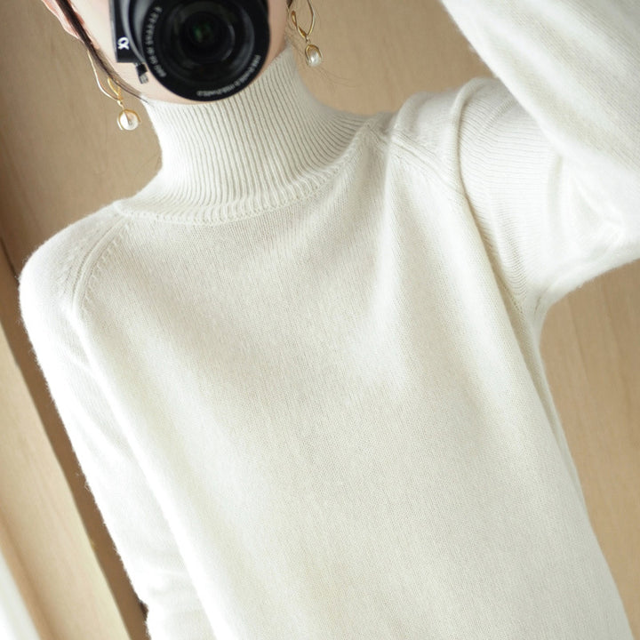 Women's Luxury Fine Knit Turtleneck Sweater with Thumbhole Cuffs and Feminine Shoulder Yoke Mune Fashion