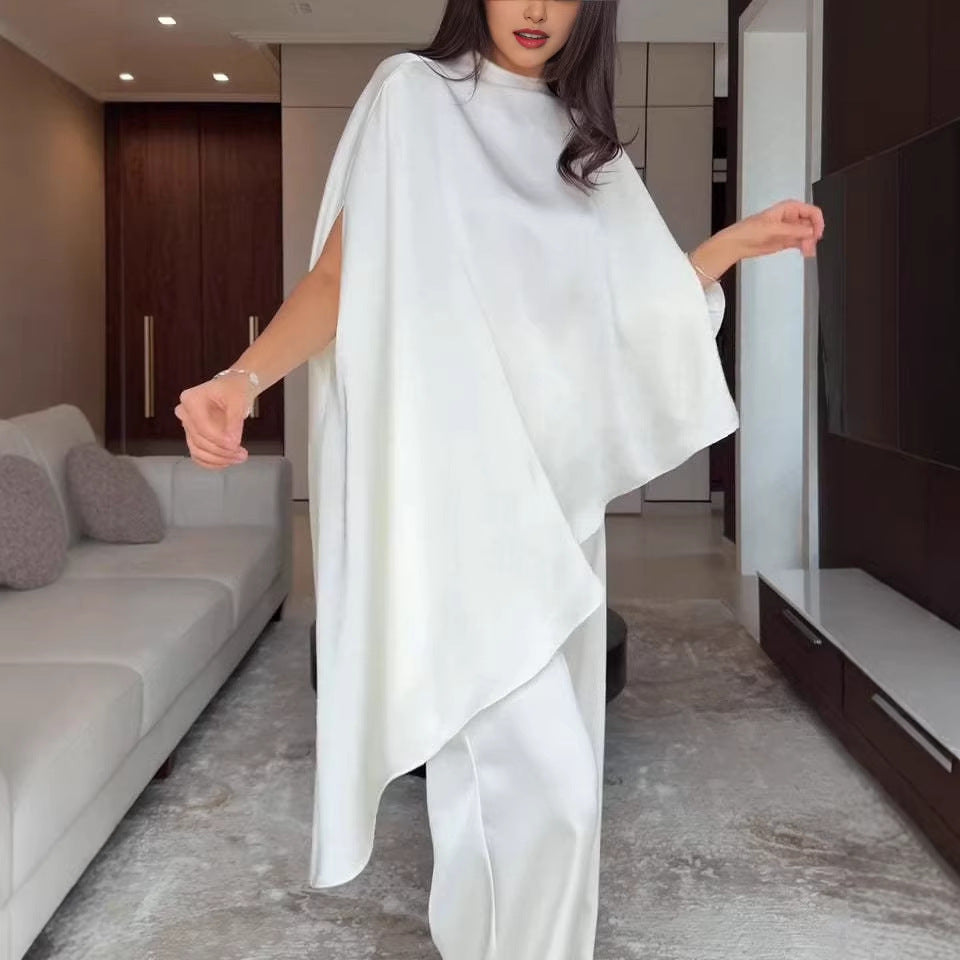 Women Two-Piece Chiffon Cape with Asymmetrical Hem and Trousers with Elastic Waist Mune Fashion
