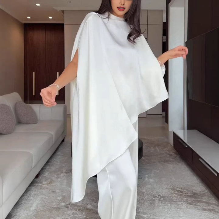 Women Two-Piece Chiffon Cape with Asymmetrical Hem and Trousers with Elastic Waist Mune Fashion