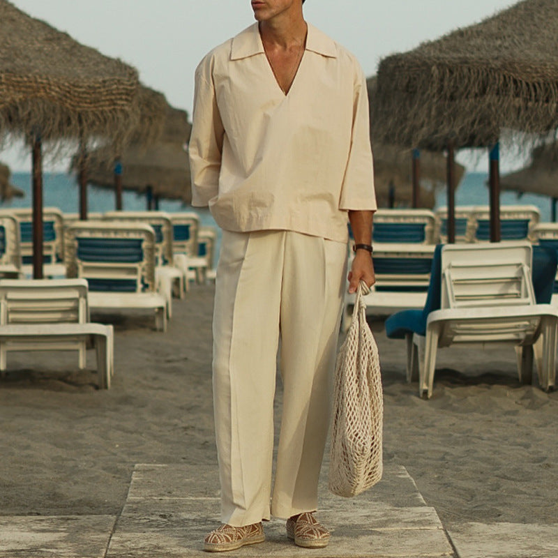 Men's Oversized Shirt with Deep V-Neck and Linen-Cotton Mix Mune Fashion