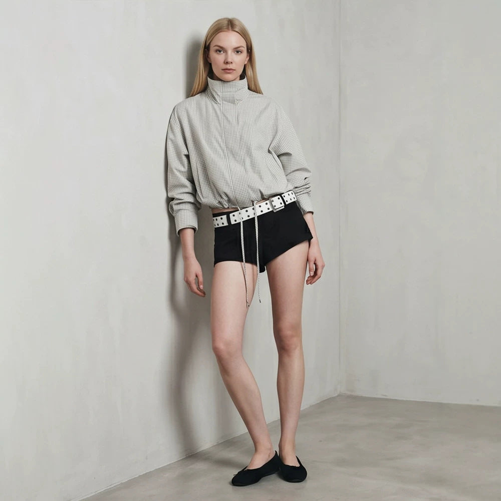 Women’s short cut lightweight transitional jacket with stand-up collar and elastic hem Mune Fashion