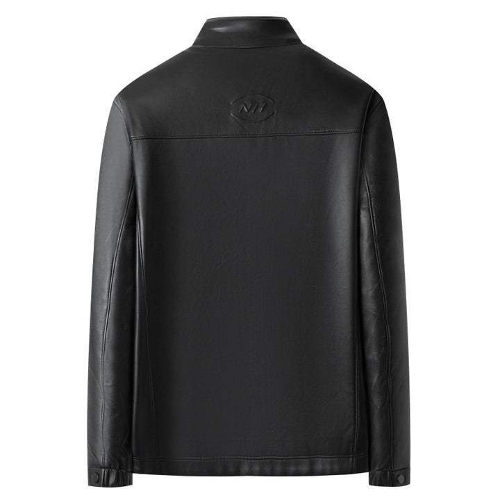 Men's Smooth Leather Look Blouson with Stand-Up Collar, Concealed Zipper and Zipper Pockets Mune Fashion