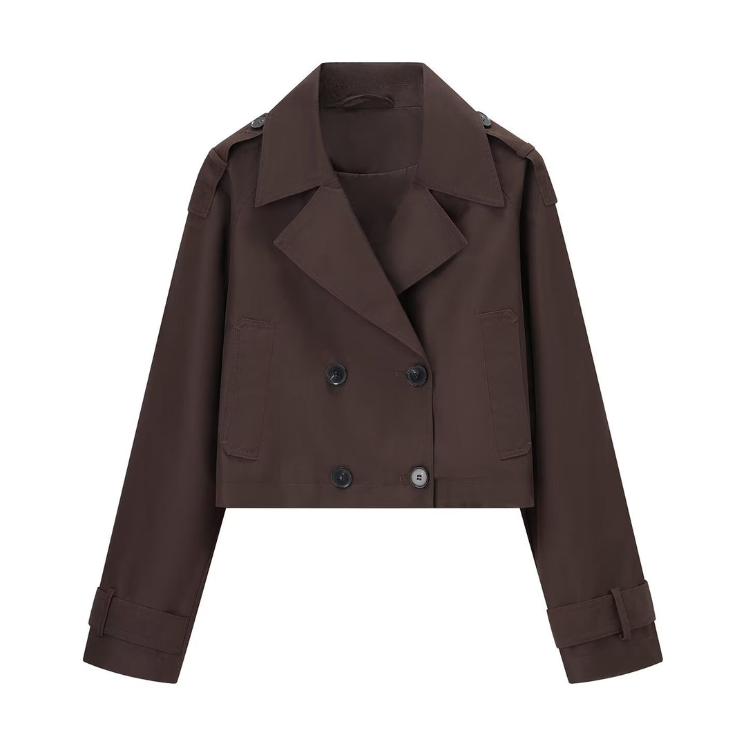 Women's cropped tailored double-breasted trench coat in boxy cut with shoulder pads and adjustable cuffs Mune Fashion