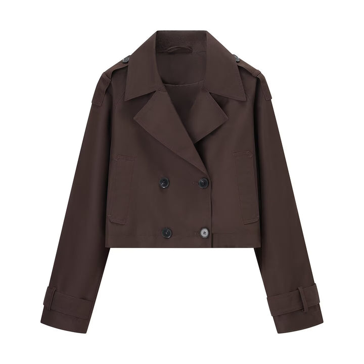 Women's cropped tailored double-breasted trench coat in boxy cut with shoulder pads and adjustable cuffs Mune Fashion