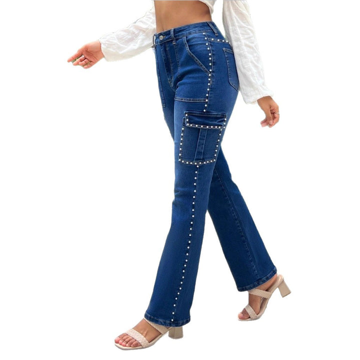 Ladies Cargo Denim Trousers with Straight Leg, Patch Flap Pockets and Bead Trim Mune Fashion
