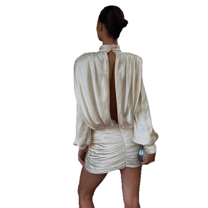 Ladies Elegant Draped Mini Dress with Stand Collar, Balloon Sleeves and Ruched Skirt Mune Fashion