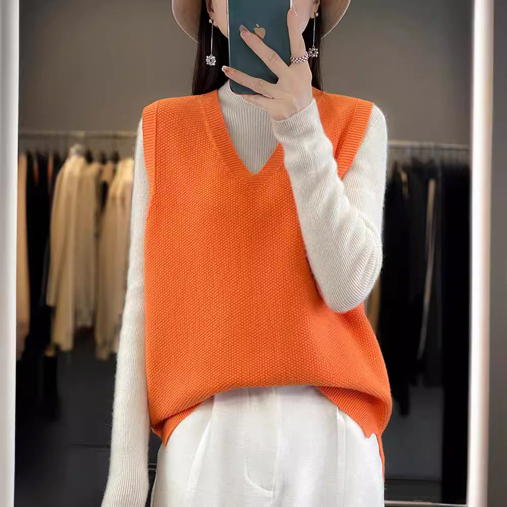 Ladies Oversize Knit Vest with Deep V-Neck and Fine Structure Mune Fashion