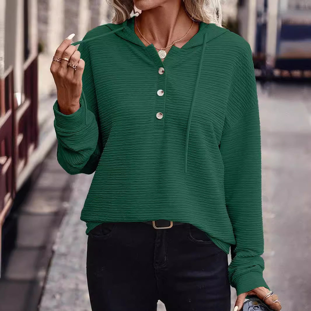 Ladies Textured Hooded Henley Sweater with Button Placket Mune Fashion